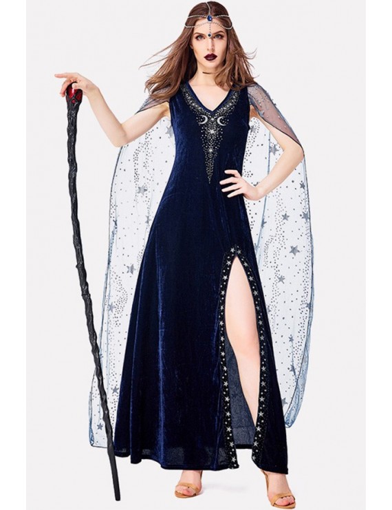 Dark-blue Goddess Rhinestone Dress Halloween Cosplay Costume