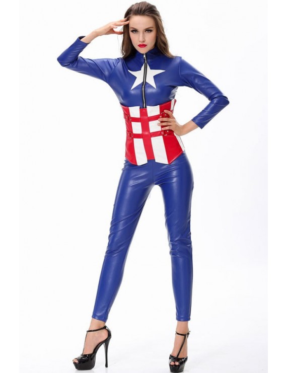Blue Faux Leather Captain America Patriotic Costume