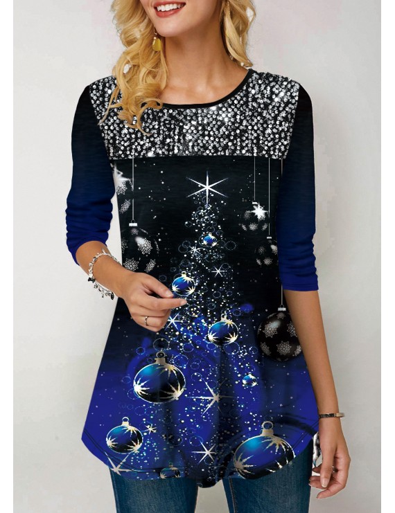 Christmas Print Sequin Embellished Long Sleeve T Shirt