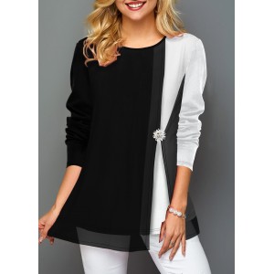 Contrast Panel Decorated Button Faux Two Piece T Shirt