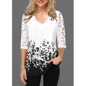 Lace Detail Floral Print Contrast Panel T Shirt