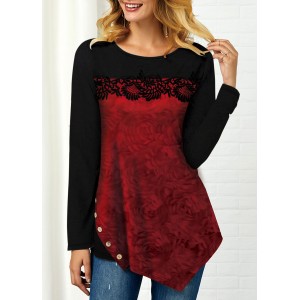 Asymmetric Hem Flower Print Crochet Embellished T Shirt