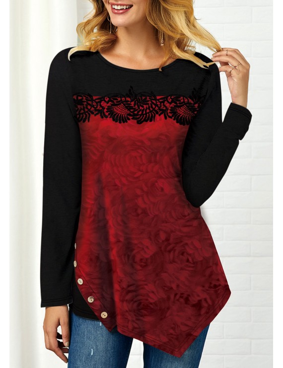 Asymmetric Hem Flower Print Crochet Embellished T Shirt